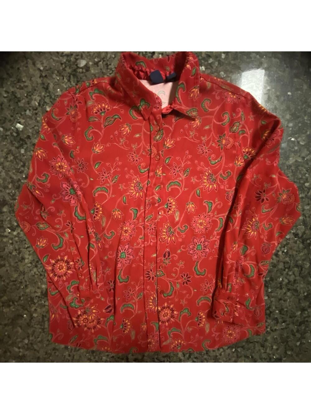 Basic Editions Women's Red Floral Button-Up Blouse Long Sleeve L Polyester